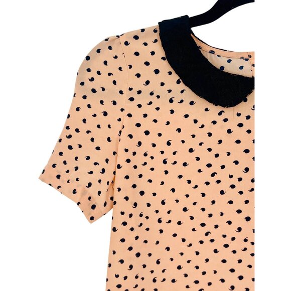 Vintage 90s Zara Lace Peter Pan Collar Peach Black Print Button Down Back Blouse - Picture 3 of 14